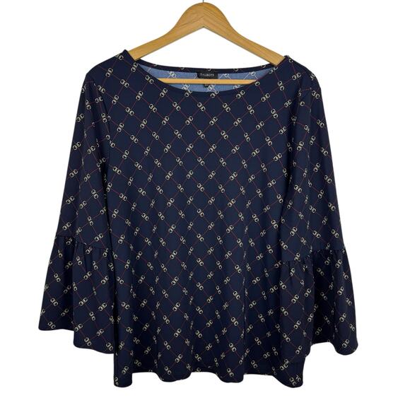 Talbots Womens Chains Jersey Top Sz L Bell Sleeve Equestrian Classy Preppy Flowy - Picture 2 of 9